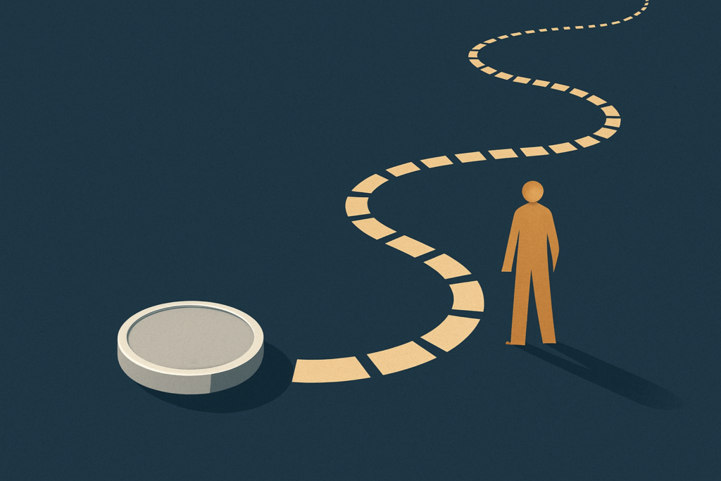 Illustration: a single silver coin resting at the start of a winding path that curves into the navy distance, suggesting an uncertain road ahead