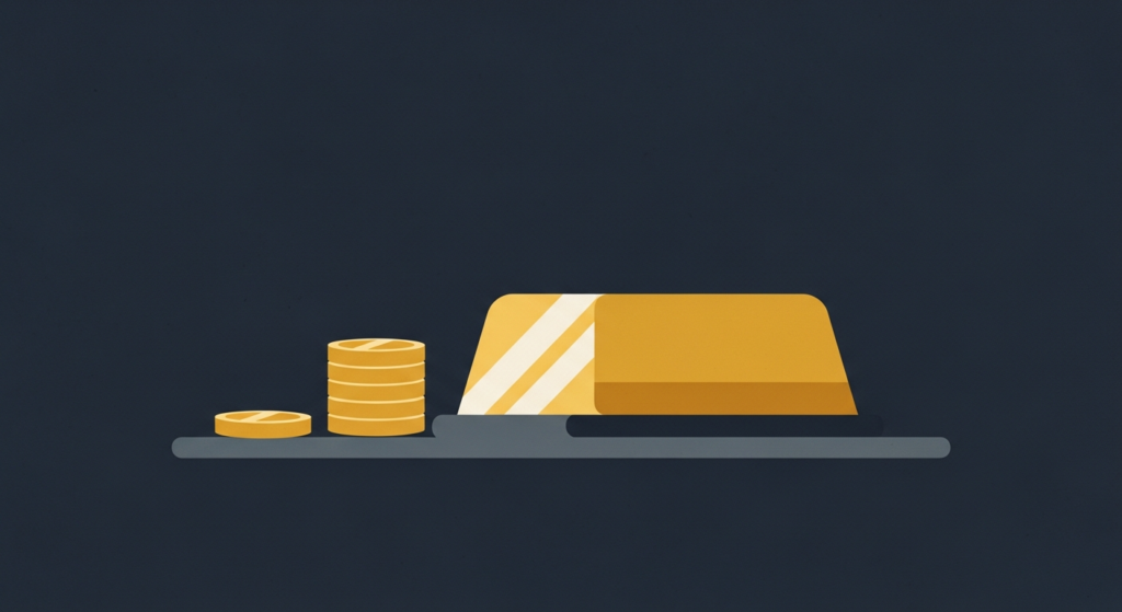 Illustration: an oversized gold bar on a pedestal beside small coins
