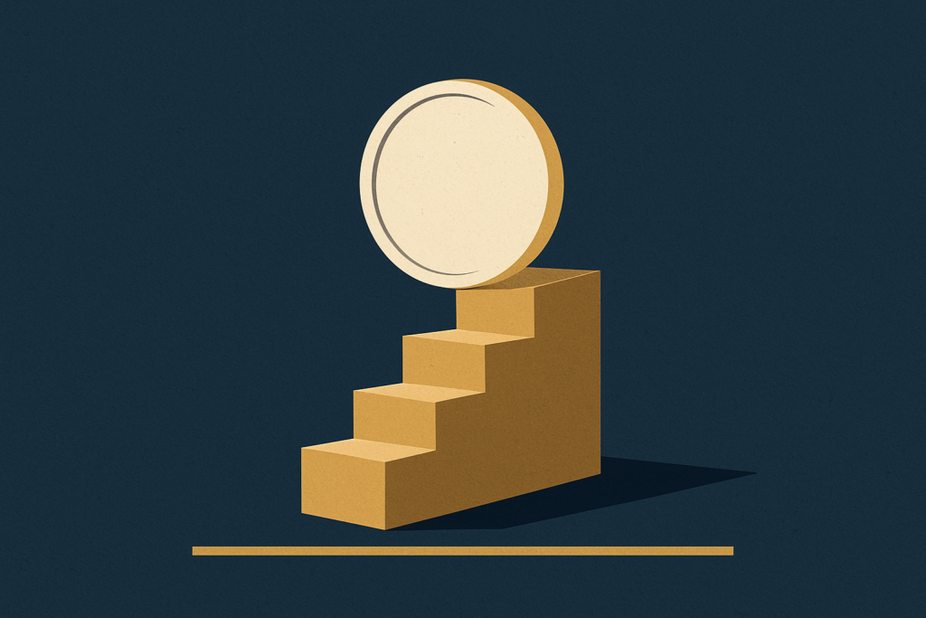 Illustration: a silver coin climbing a rising staircase above a thin, flat CPI baseline on a navy field