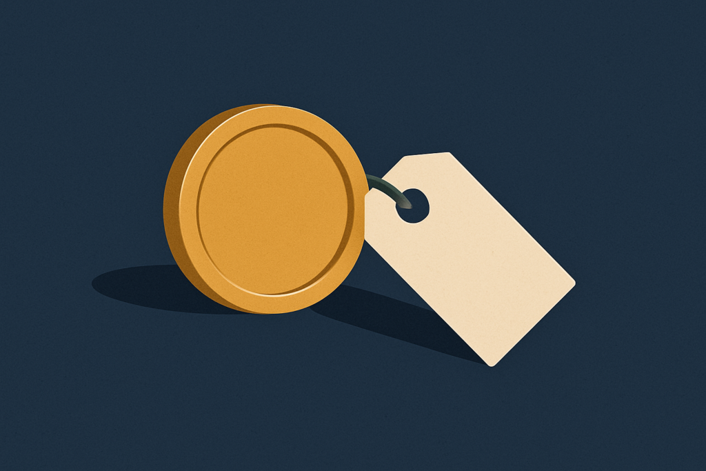 Illustration: a gold coin resting beside a small downward-tilting price tag