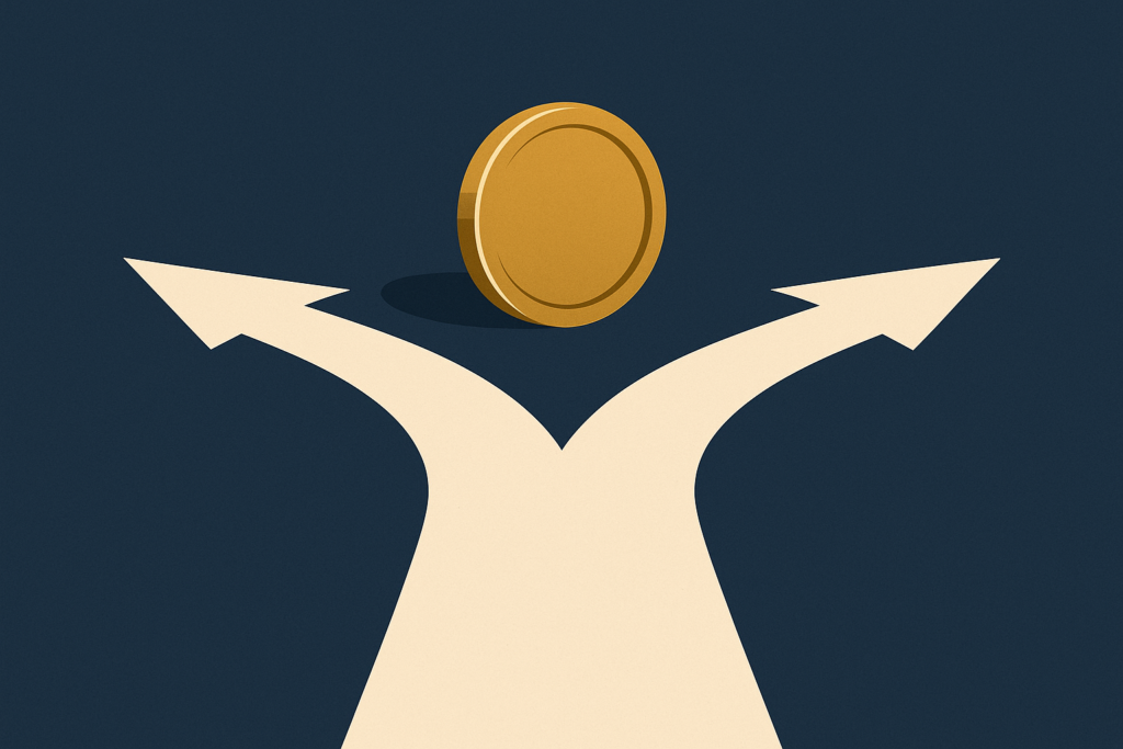 Illustration: a gold coin at a fork in a path