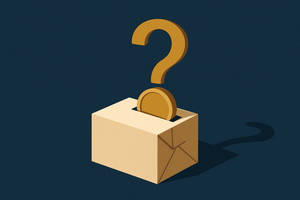 Illustration: a small parcel with a gold coin and a question-mark shape