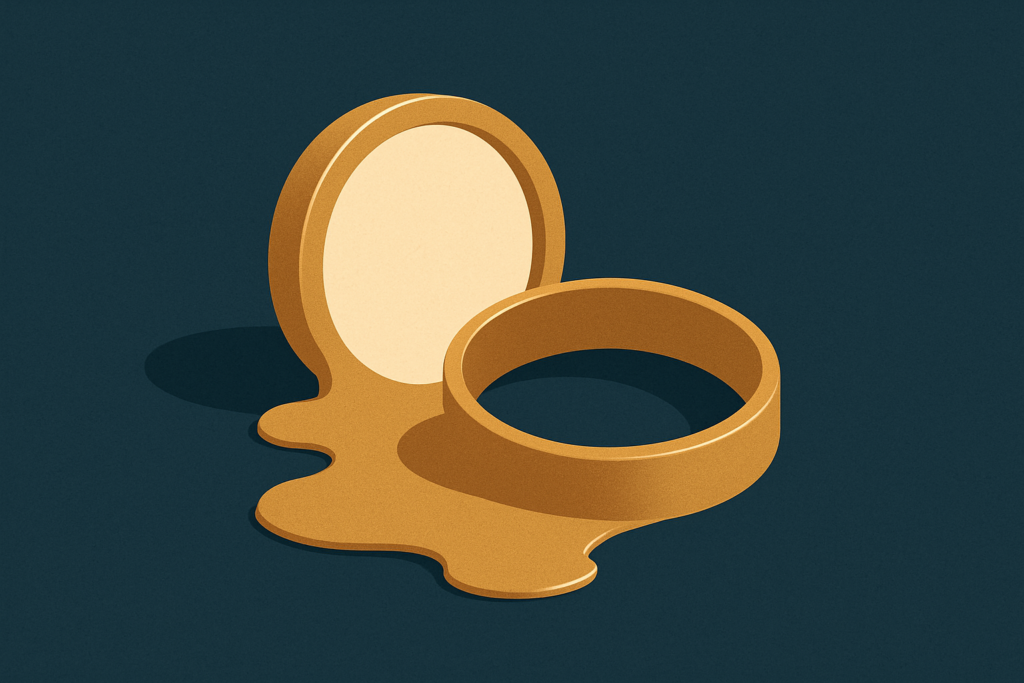 Illustration: a gold ring and coin dissolving into a small pool of molten gold on a navy field