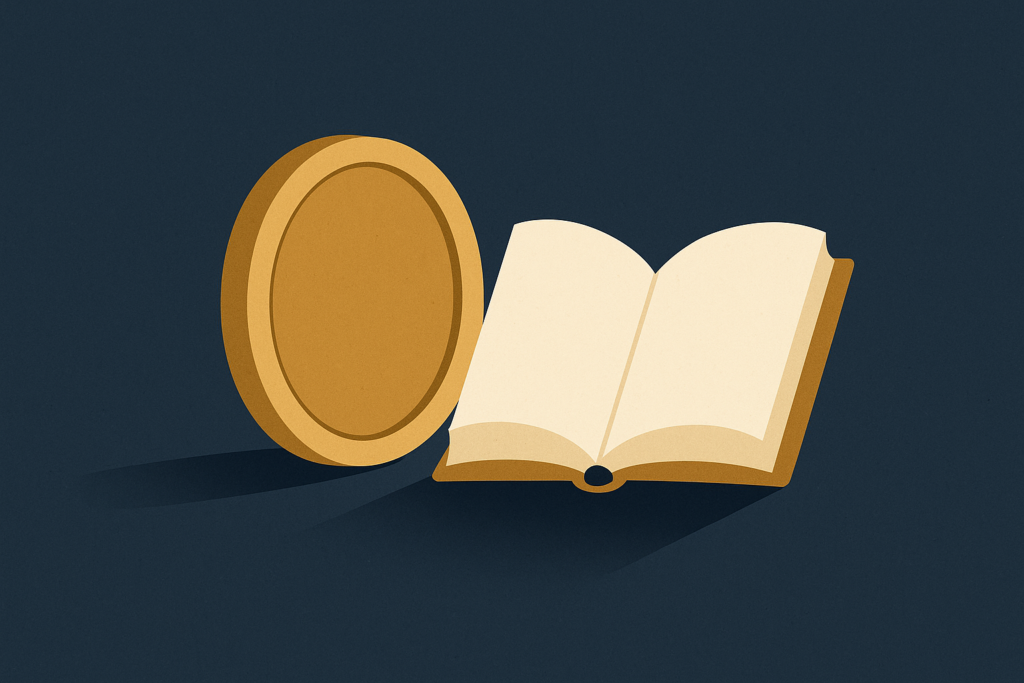 Illustration: a gold coin resting beside a small open book on a navy field