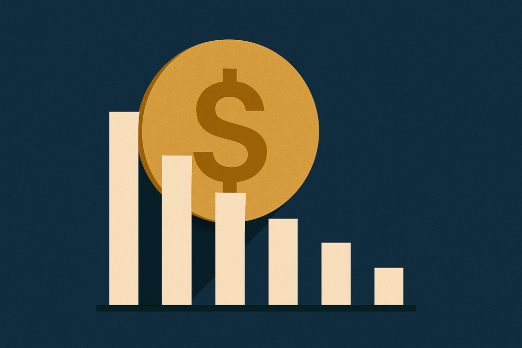 Illustration: a gold coin behind a simple set of ranked bars of different heights on a navy field