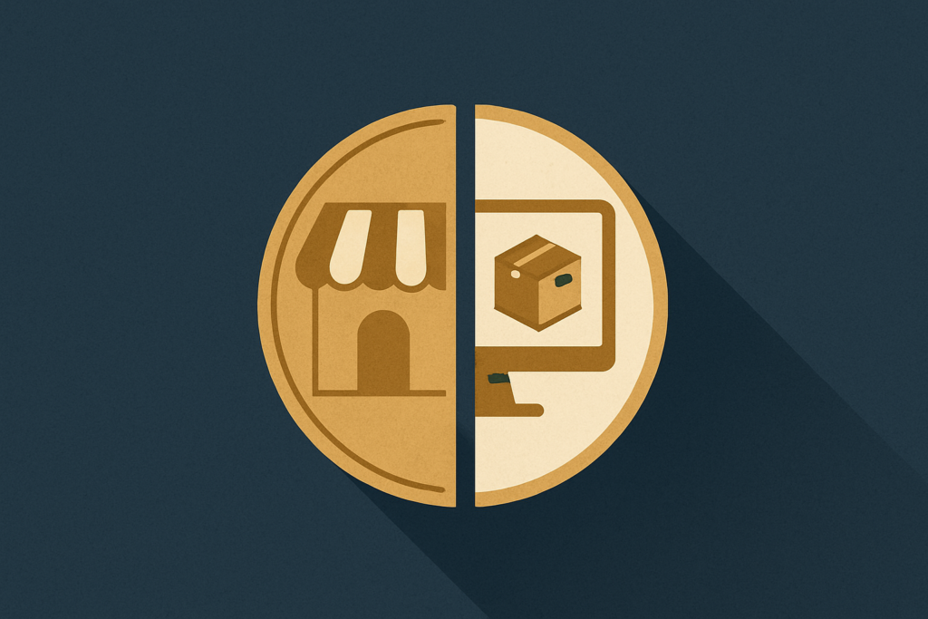 Illustration: a gold coin split down the middle, one half a small storefront, the other half a screen and shipping parcel, on a navy field