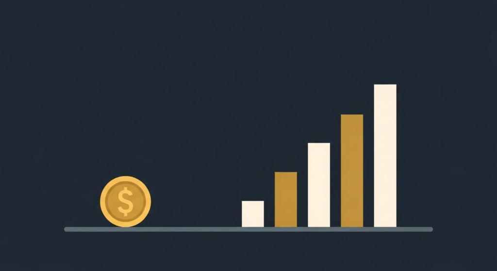 Illustration: a still gold coin beside a rising staircase of growth bars