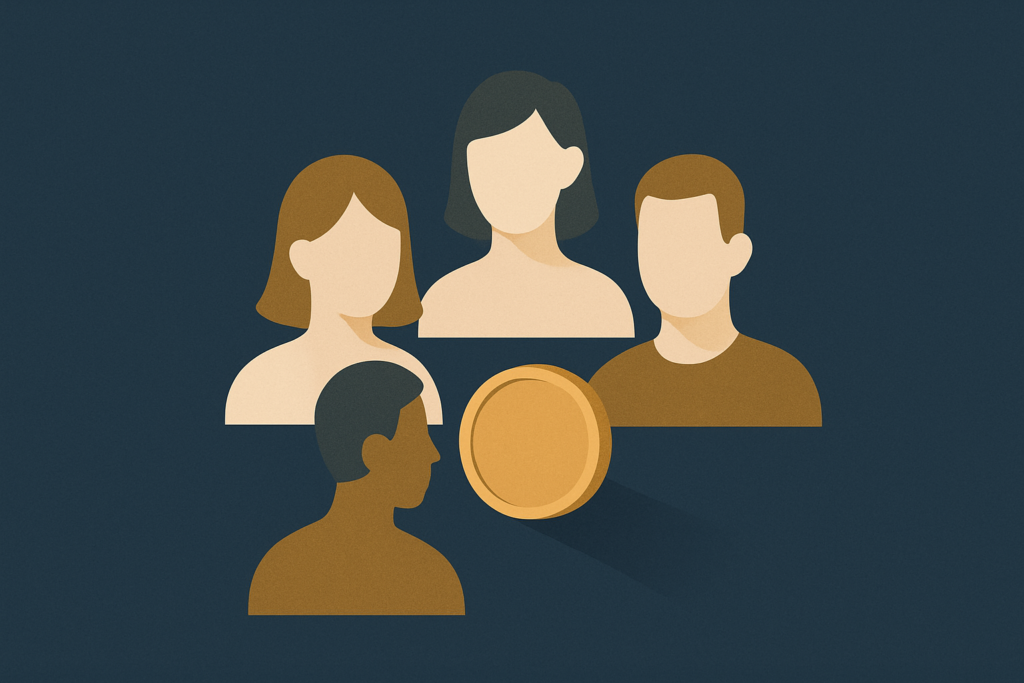 Illustration: portrait silhouettes around a gold coin