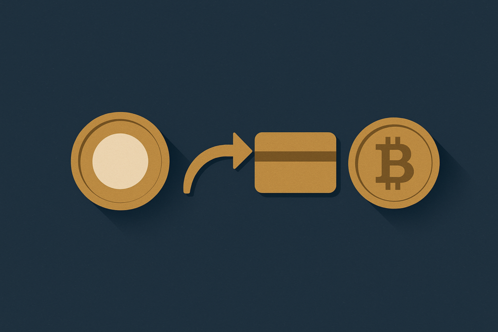 Illustration: a gold coin beside simple icons of a wire arrow, a payment card, and a crypto coin on a navy field