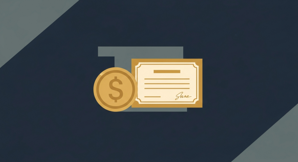 Illustration: a gold coin beside a paper share certificate