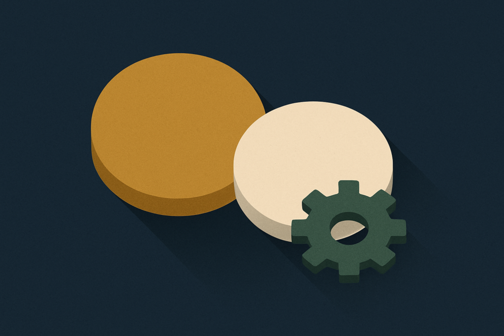 Illustration: two coin discs of slightly different tone beside a small industrial gear
