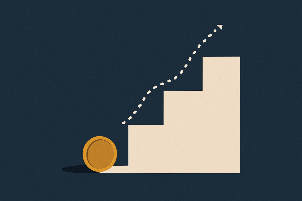 Illustration: a single gold coin resting on the first step of a simple ascending dotted staircase against a navy background