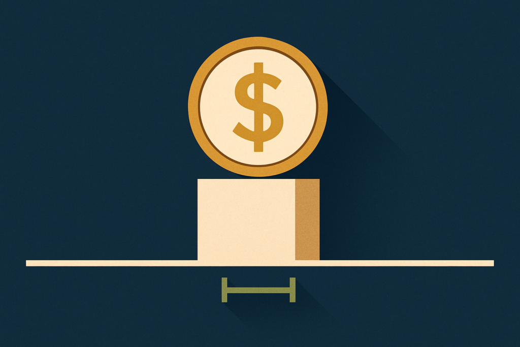 Illustration: a gold coin on a raised pedestal above a thin baseline, an upward bracket measuring the gap