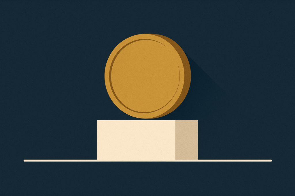 Illustration: a gold coin resting on a raised pedestal above a flat baseline, the gap between them representing the premium over spot