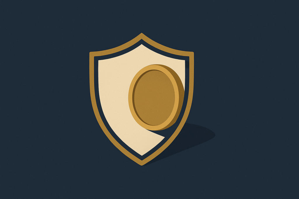 Illustration: a gold coin behind a simple shield