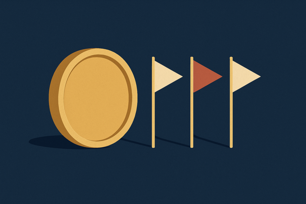 Illustration: a single gold coin beside a row of small warning-flag pennant shapes on a navy background