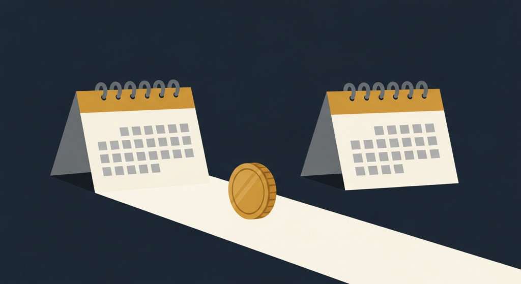 Illustration: a gold coin between two calendar pages (now vs later)