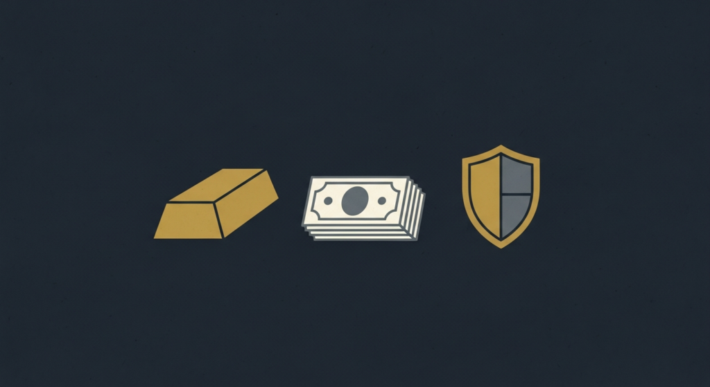 Illustration: a gold bar, a stack of cash, and a shield in a row