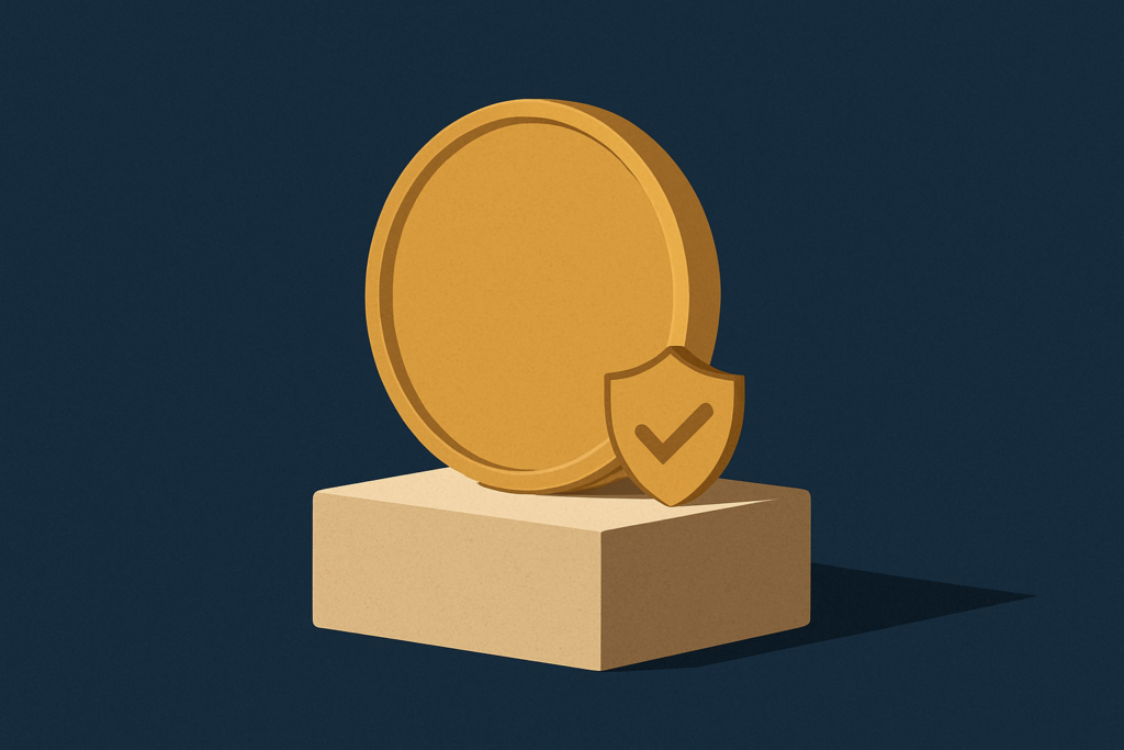 Illustration: a gold coin resting on a sturdy pedestal with a small shield and checkmark on a navy field