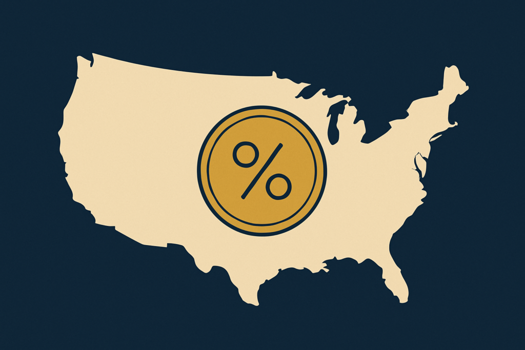 Illustration: a US map outline with a gold coin and a percent symbol