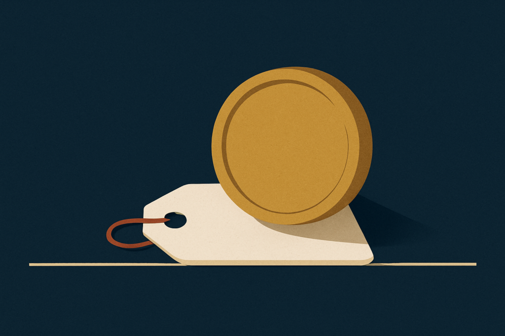 Illustration: a gold coin resting on a low price-tag floor against a navy field
