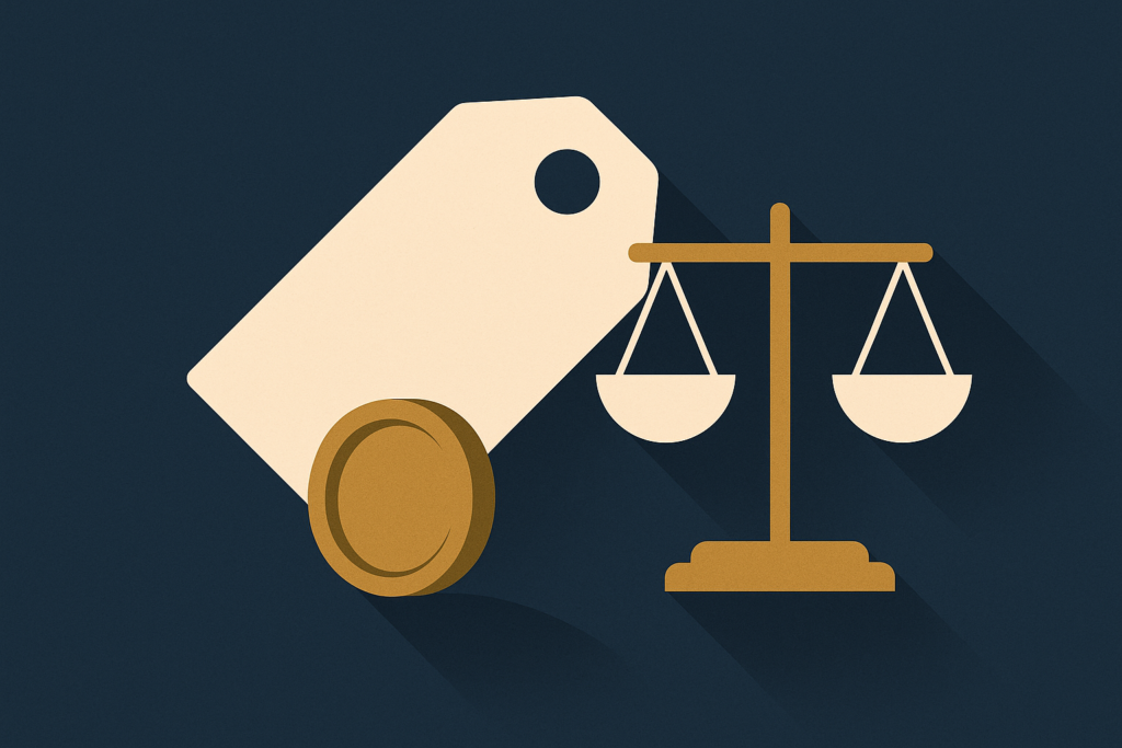 Illustration: a gold coin and a balance scale beside a price tag