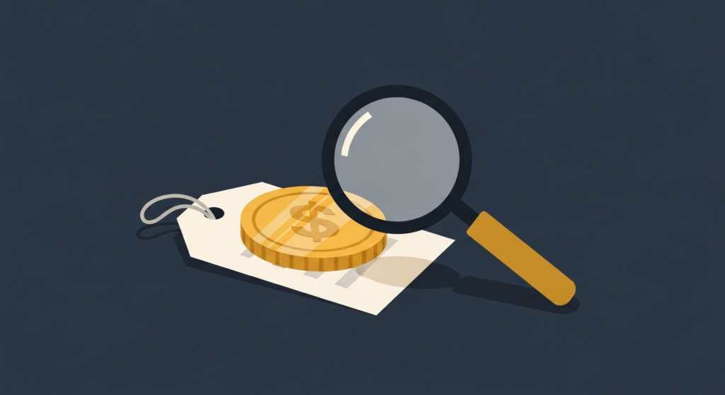 Illustration: a gold coin on a price tag with a magnifier