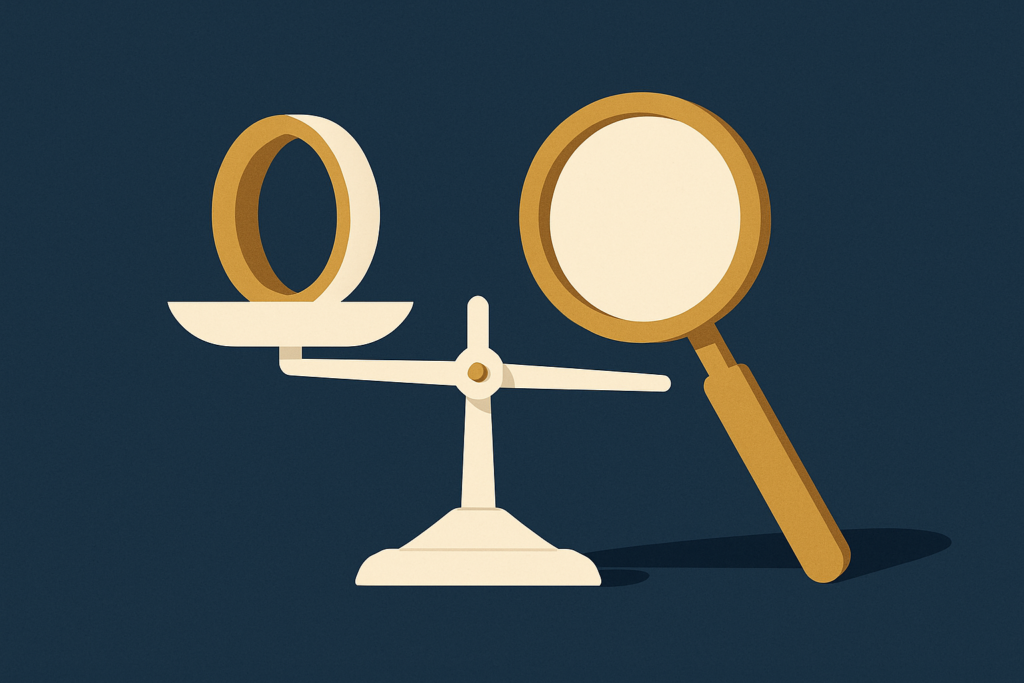 Illustration: a gold ring on a small scale beside a magnifier