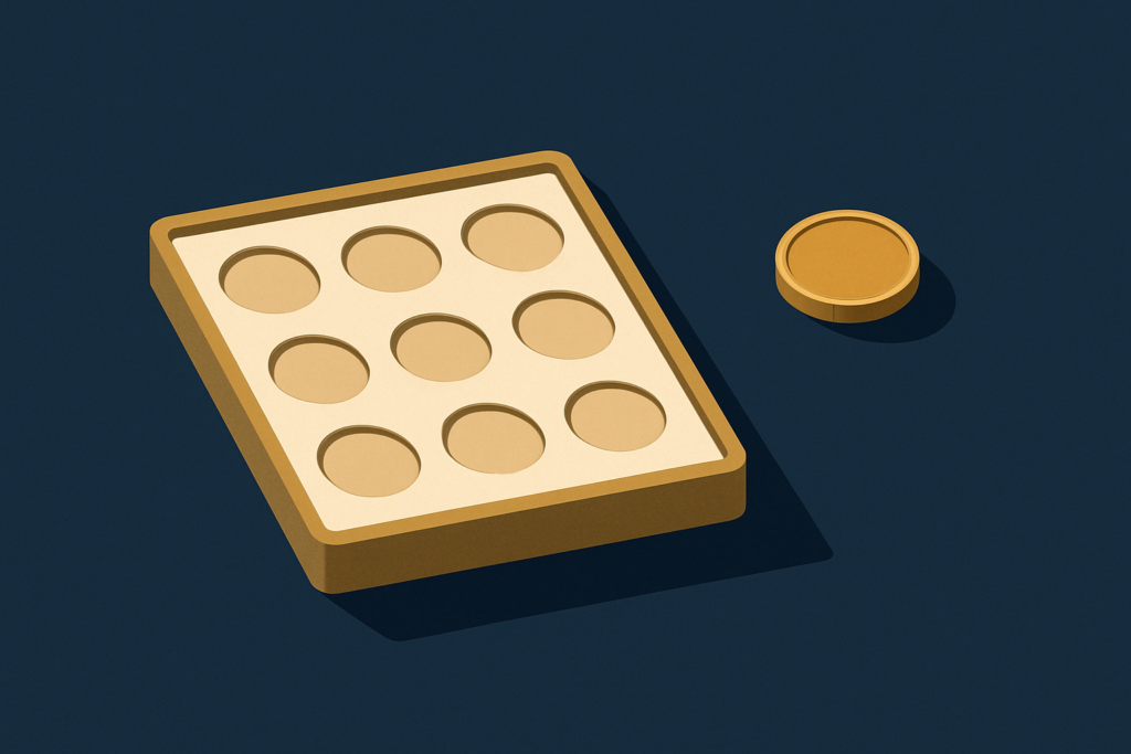 Illustration: a tray of coins beside a single gold coin