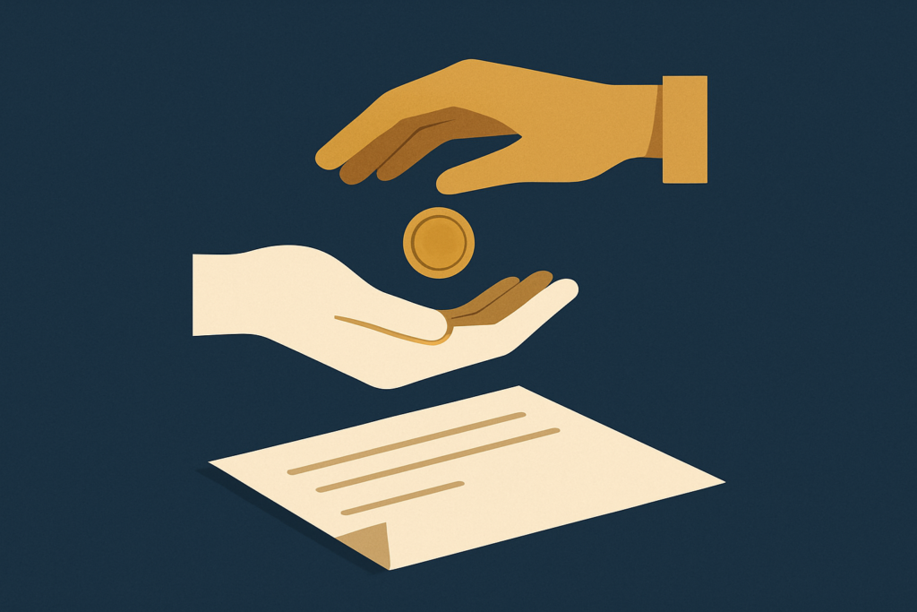 Illustration: a gold coin passed between two hands above a document