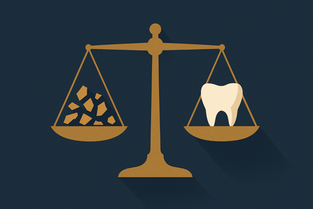 Illustration: broken gold pieces and a dental crown on a balance scale