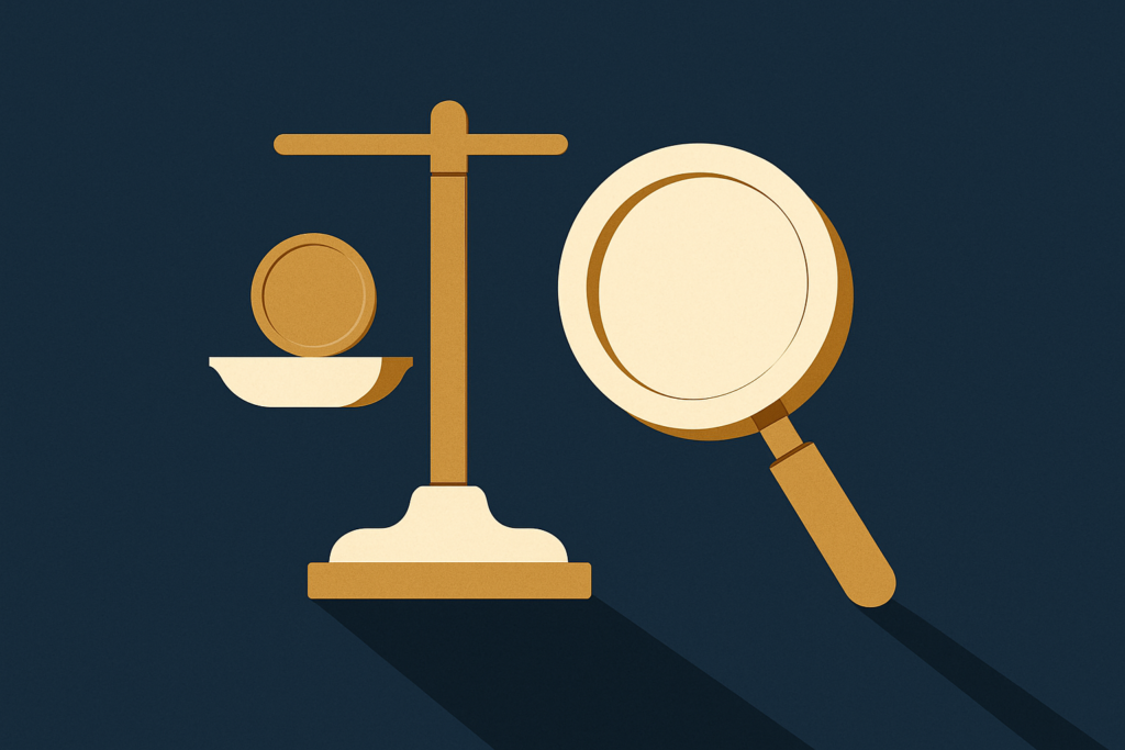 Illustration: a gold coin on a balance scale with a magnifier