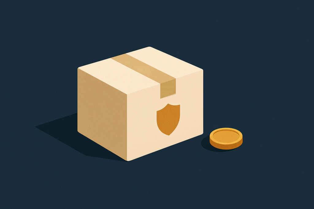 Illustration: a discreet insured parcel marked with a small shield motif beside a single gold coin on a navy field