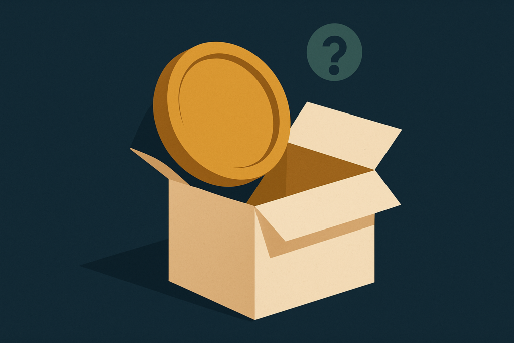 Illustration: a gold coin tilting half-out of an open marketplace shipping box with a small question mark above it, navy background