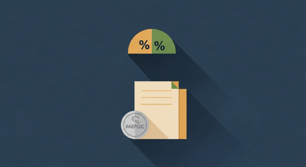 Illustration: a silver coin beside a document with a percent-wedge motif on a navy field