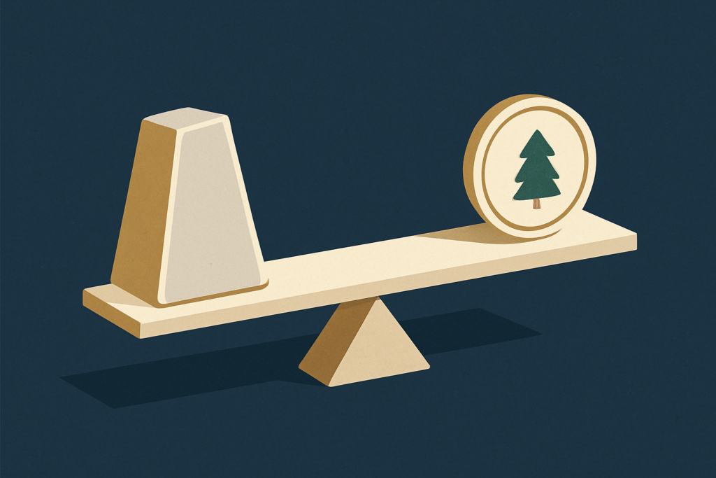 Illustration: a silver bar and a silver coin balanced on opposite ends of a simple seesaw plank