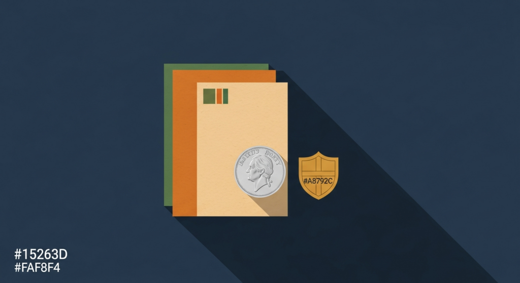 Illustration: a single silver sovereign coin beside a small government shield emblem on a navy field