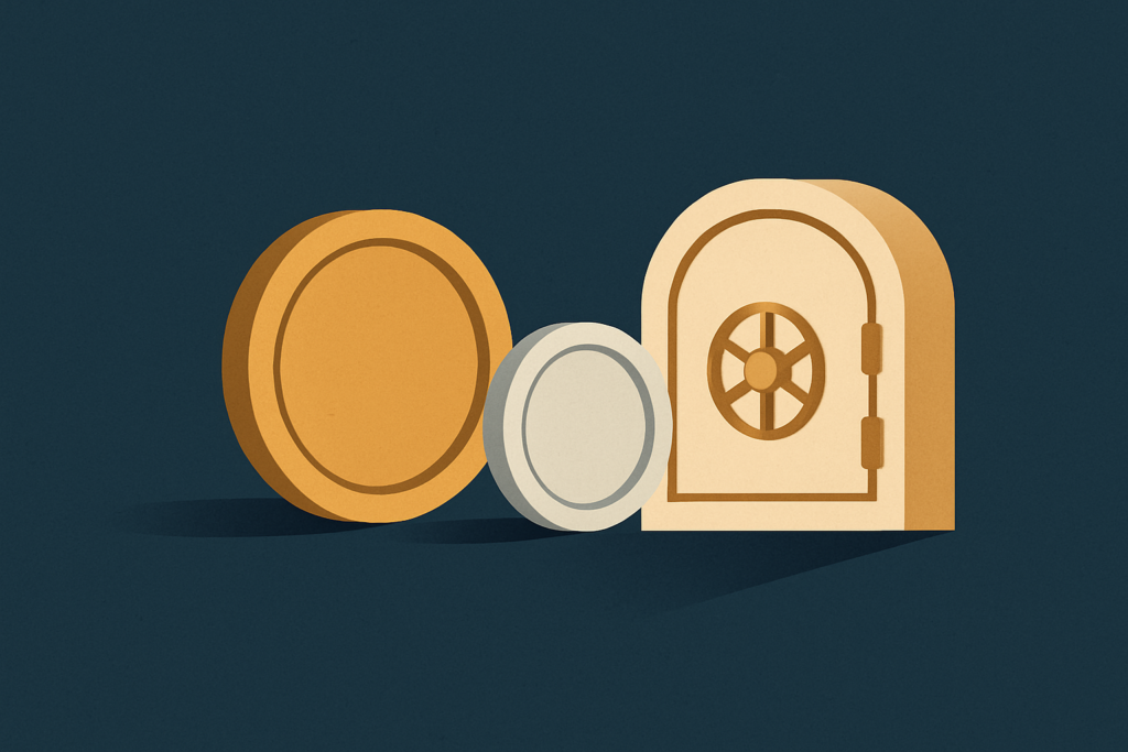 Illustration: a gold coin and a silver coin paired beside a small vault on a navy field