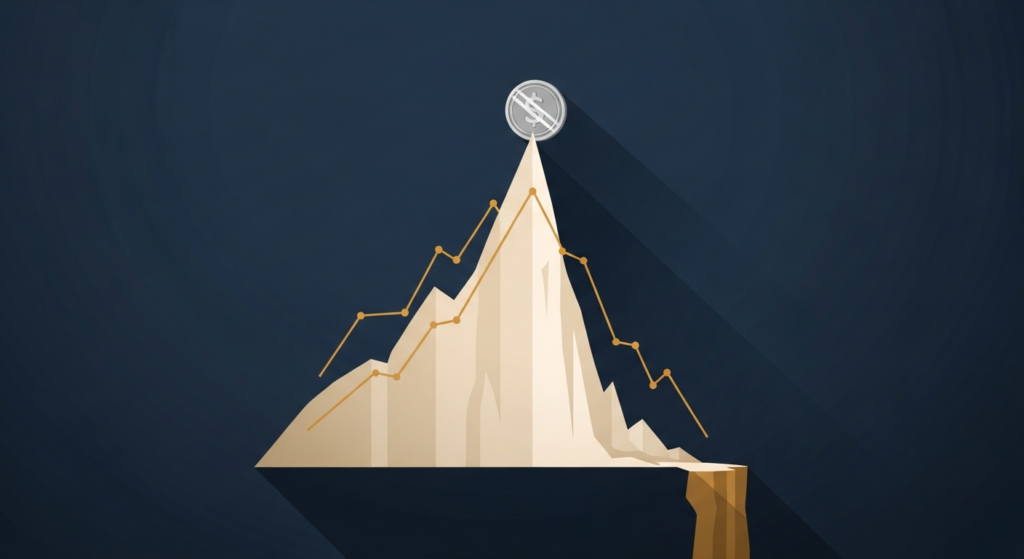 Illustration: a silver coin perched at the peak of a sharp mountain line that plunges steeply downward on a navy field