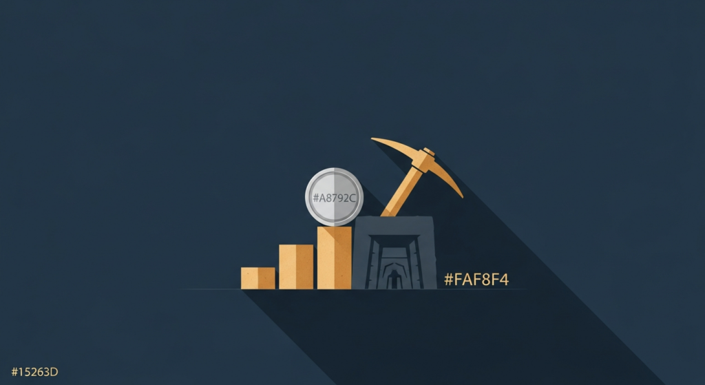Illustration: a silver coin resting atop a small ascending bar graph with a faint pickaxe and mine-shaft silhouette behind it