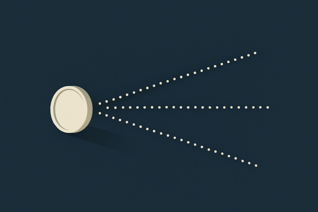 Illustration: a single silver coin with several faint dotted trajectories fanning forward in different directions