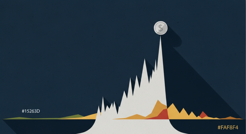 Illustration: a silver coin atop a jagged wave above a calmer gold line.