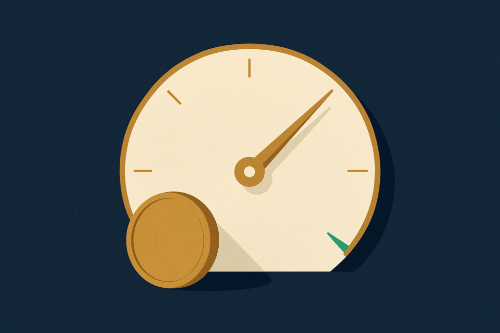 Illustration: a gold coin beside a simple radial gauge with a pointer, on a navy field