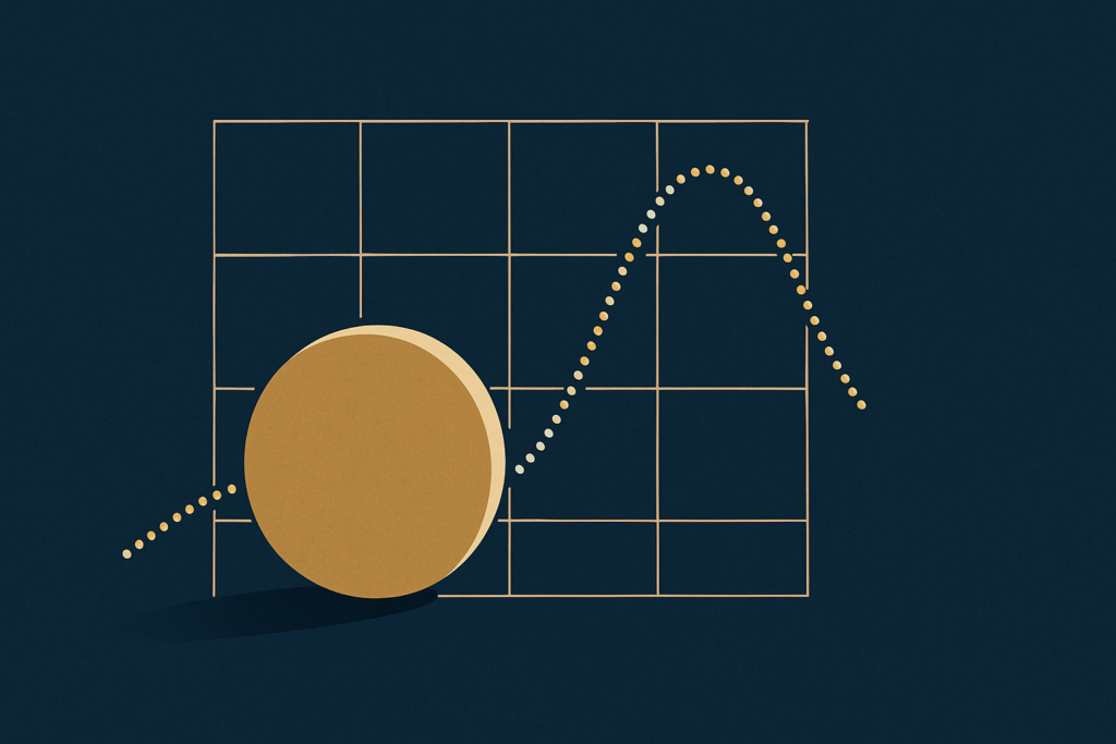 Illustration: a gold coin tracked by a thin dotted line crossing a chart-like grid