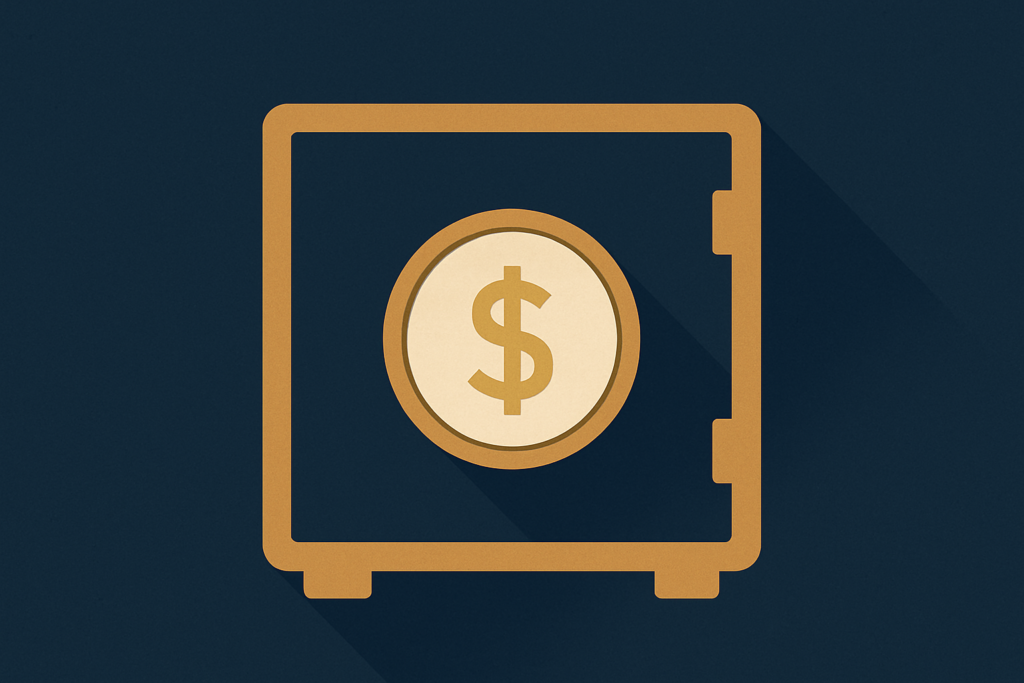 Illustration: a single gold coin resting inside a simple vault outline on a navy background