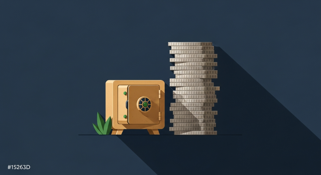 Illustration: a small safe with stacked silver coins beside it, showing silver's bulk and volume