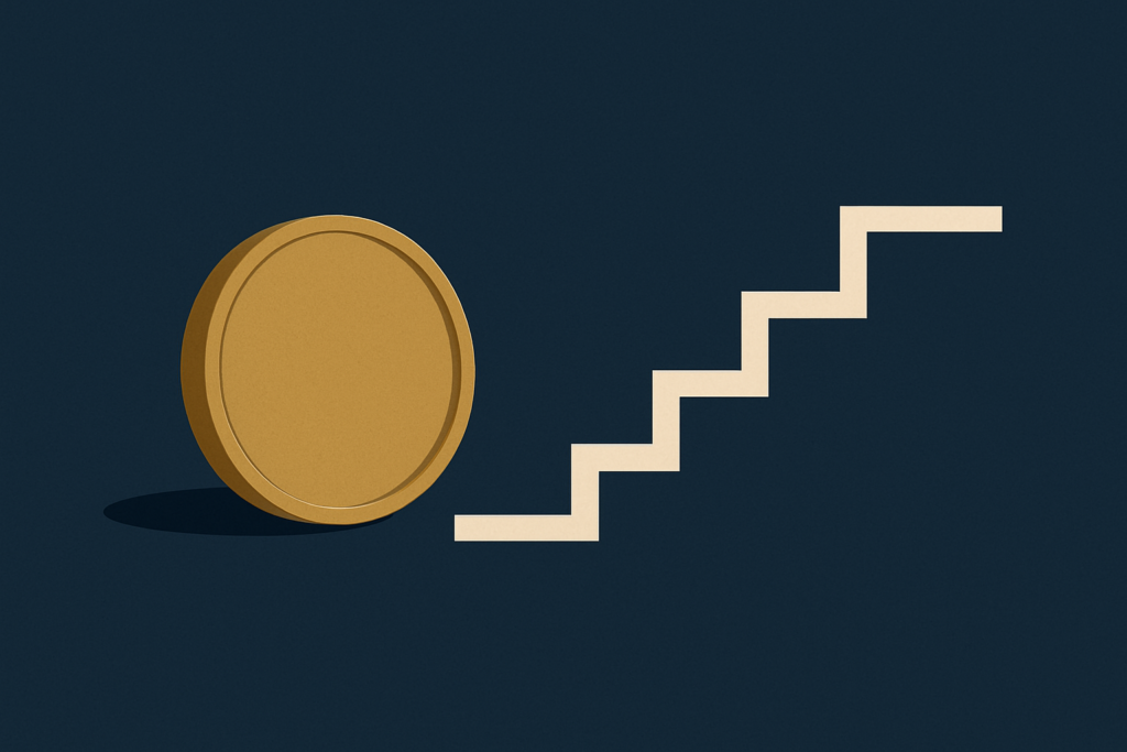 Illustration: a gold coin beside a stepped line rising to a new baseline