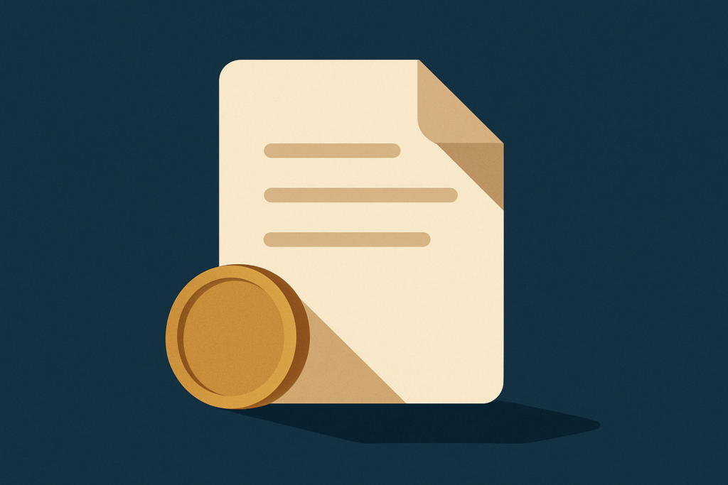 Illustration: a gold coin beside a simple document