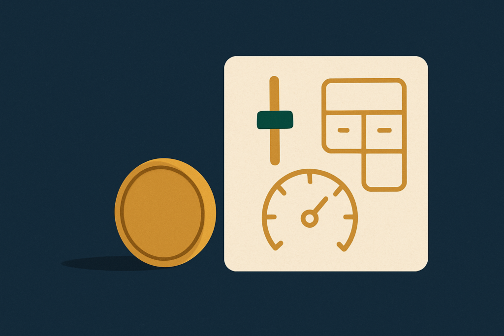Illustration: a gold coin beside a small cluster of simple flat tool icons — a slider, a gauge, and a calculator key — on a navy field