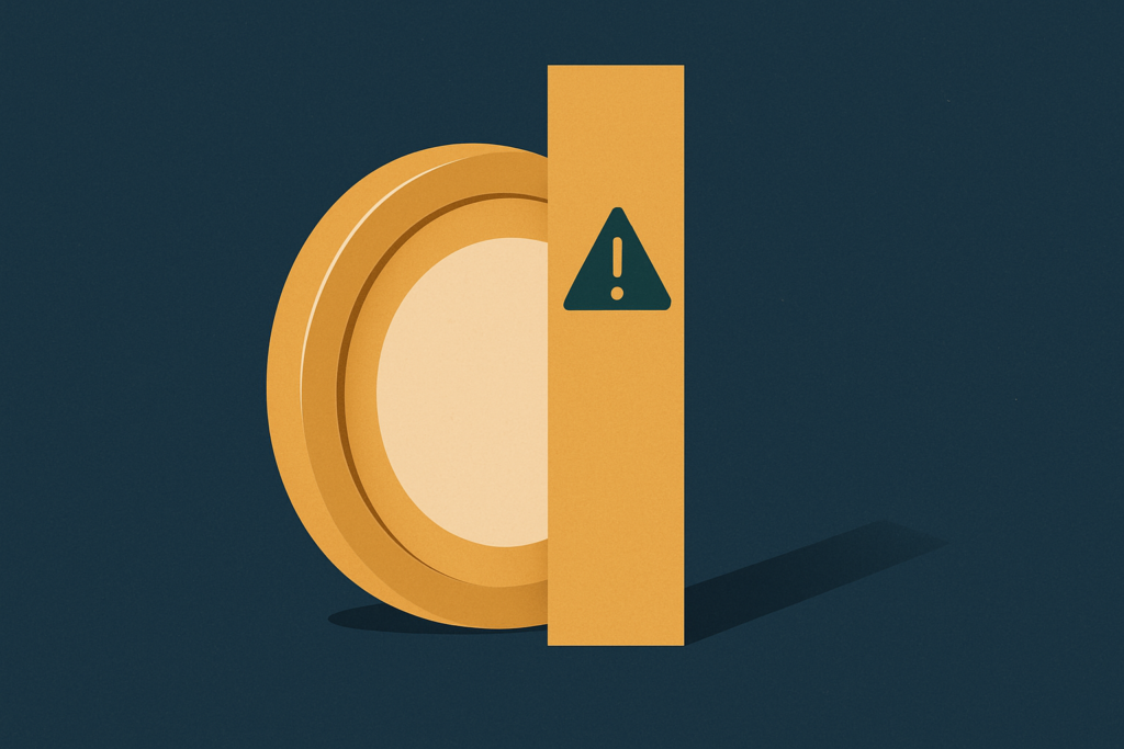 Illustration: a gold coin behind a tall premium markup band with a small caution sign